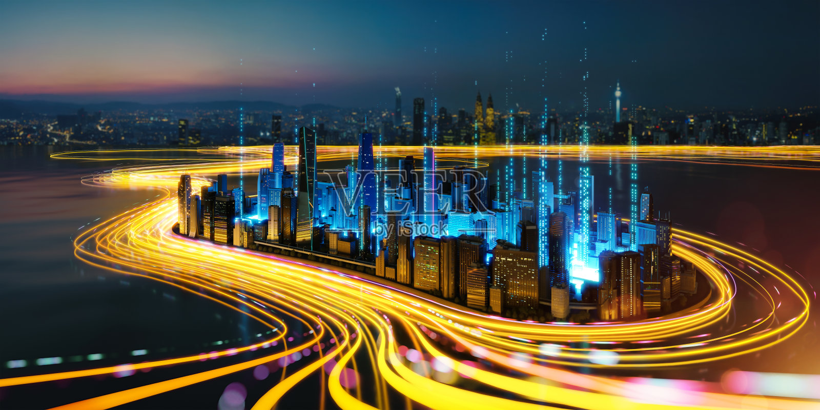 三维抽象的高速光流过城市与梯度和美学复杂的照明设计照片摄影图片