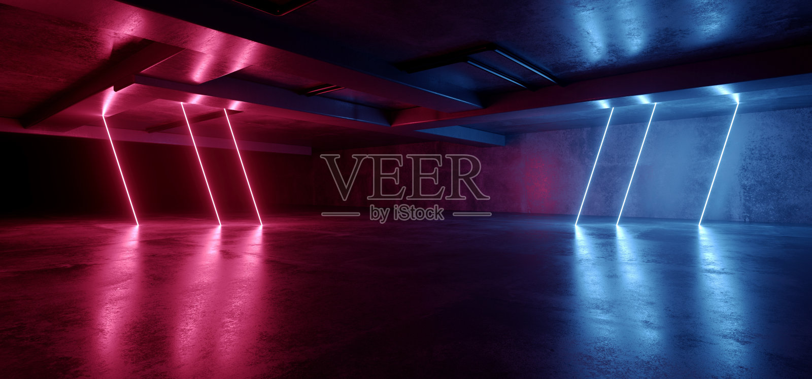 霓虹灯仓库科幻未来垃圾紫蓝色发光激光电混凝土舞台展厅走廊俱乐部黑暗隧道现实背景光束3D渲染照片摄影图片