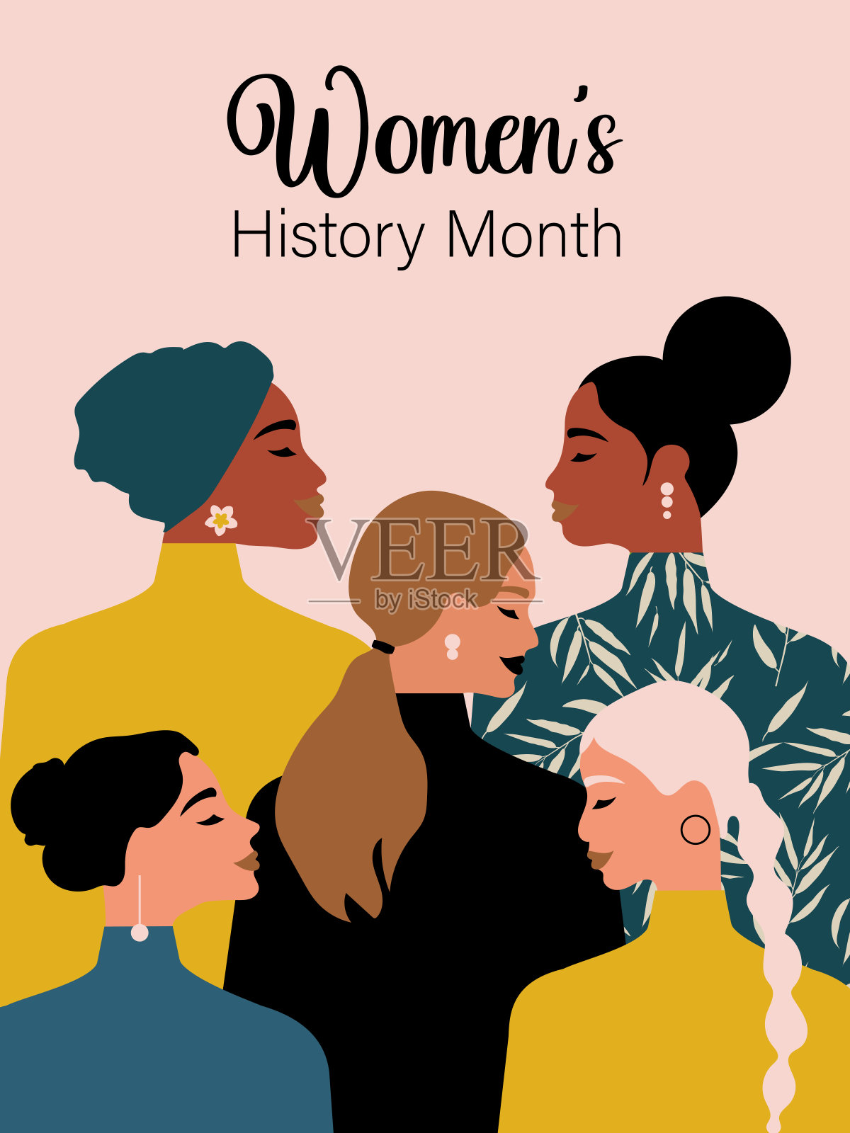 妇女历史月。不同年龄、国籍和宗教信仰的女性聚集在一起。粉色垂直海报。向量。插画图片素材