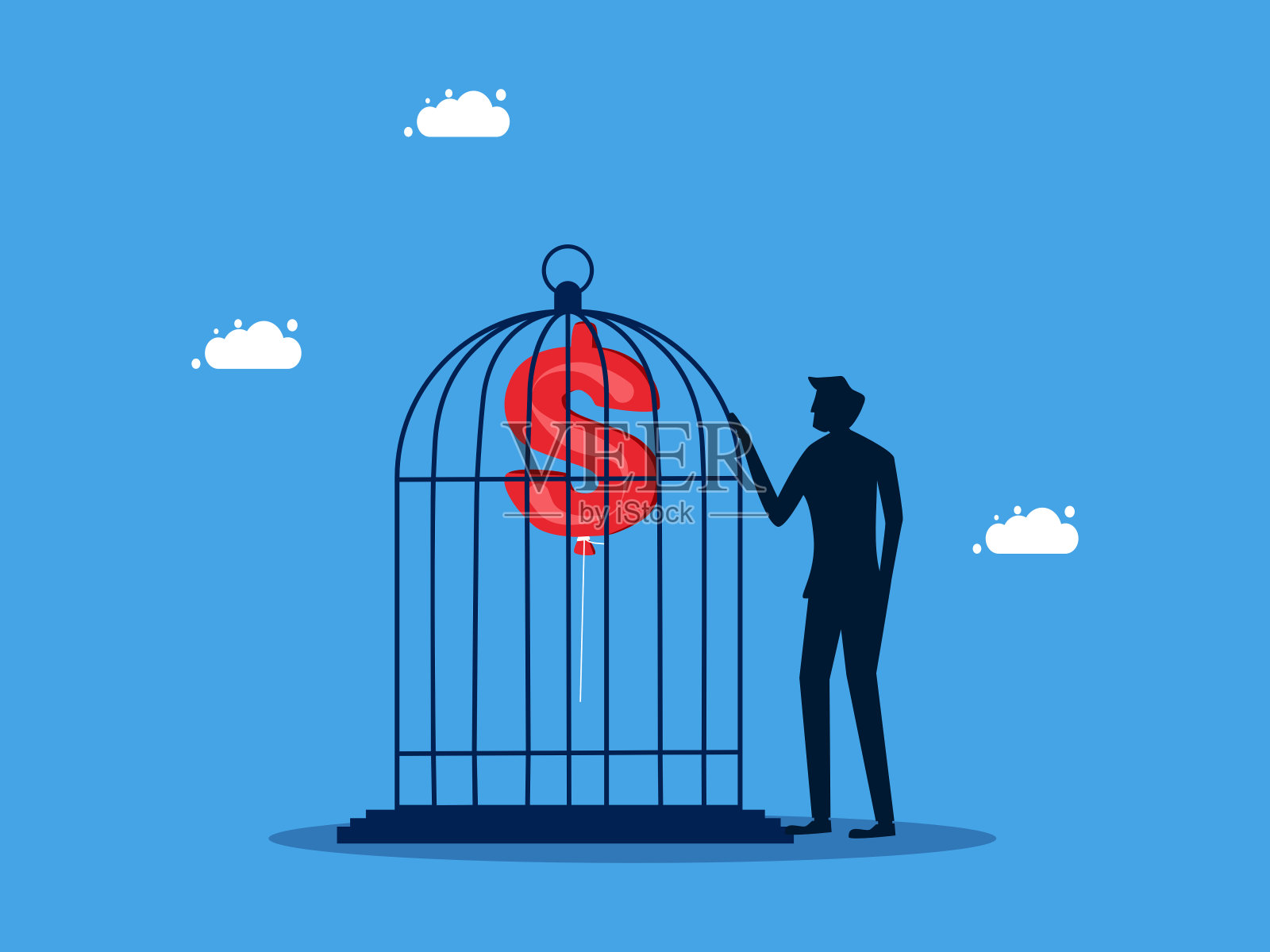 控制通货膨胀，禁锢自由。男子把钱气球锁在笼子里插画图片素材