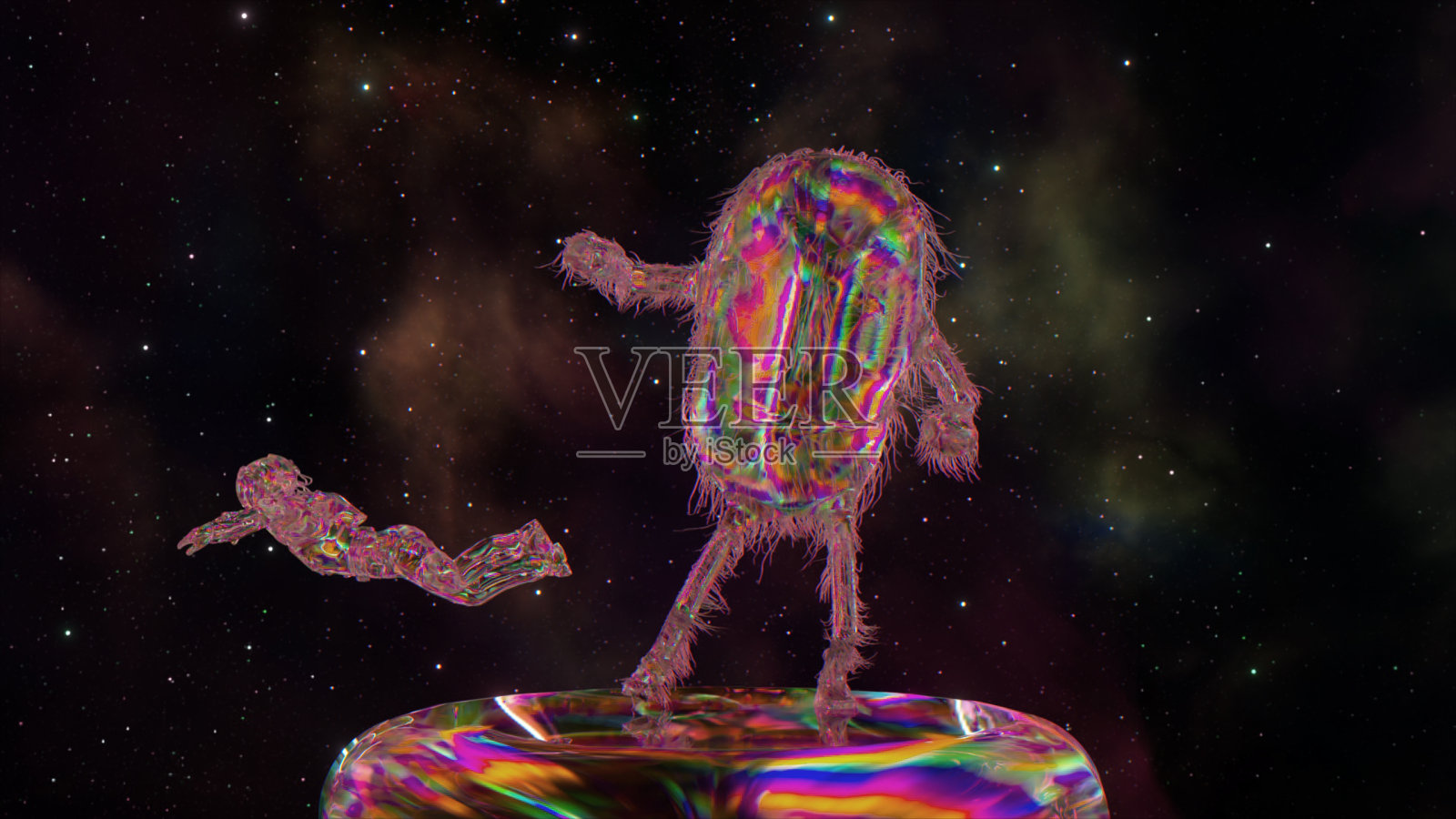 毛茸茸的钻石胶囊在太空背景下的平台上跳舞。一个钻石宇航员漂浮着。粉色霓虹灯色。照片摄影图片