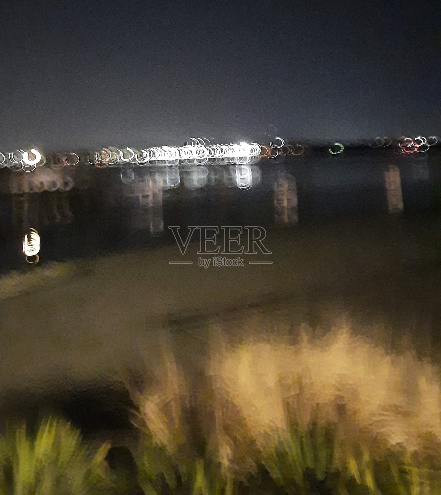 模糊的灯光效果的灯光，水和植物在夜间照片摄影图片