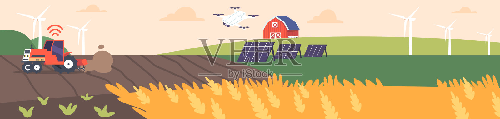 智能科技农场处于农业行业的前沿，使用无人驾驶机械，无人机，太阳能插画图片素材