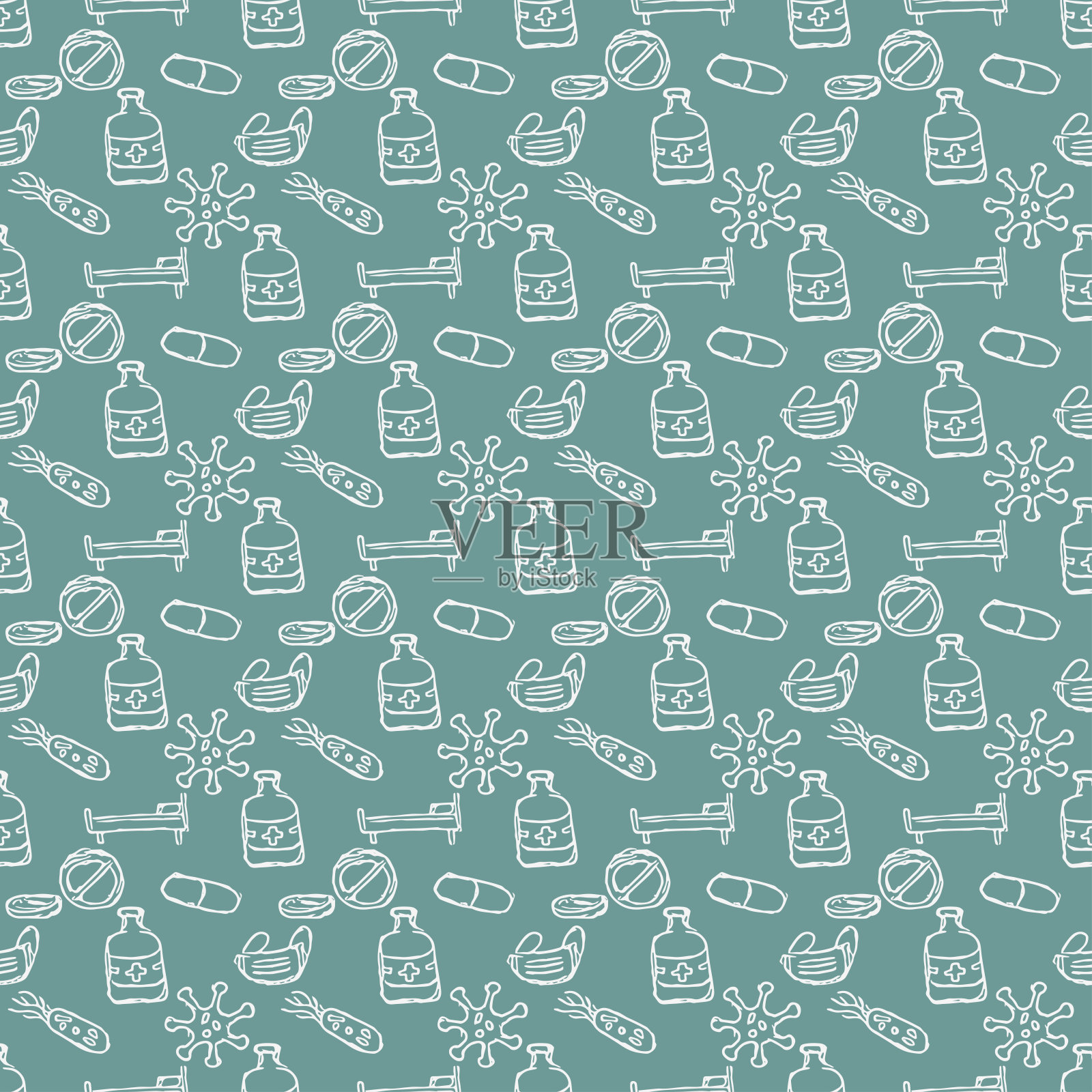 无缝用药模式。用药物图标涂鸦矢量。古医学背景插画图片素材