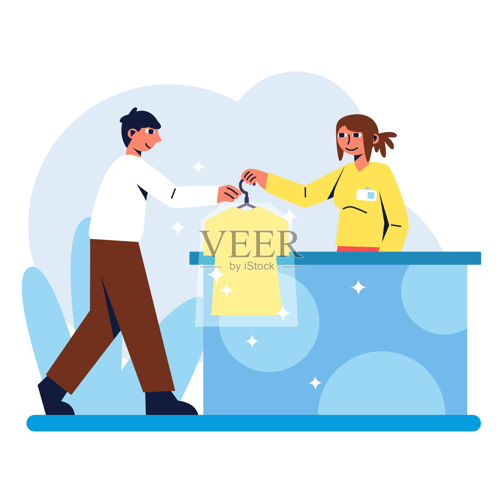 一套从事干洗工作的彩色卡通人物插画图片素材