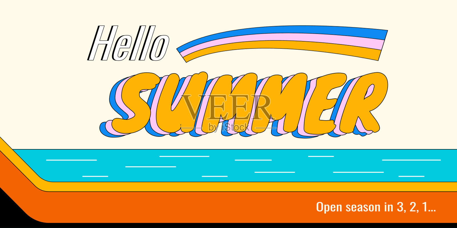 夏季季节性矢量水平横幅在一个复古的1970年代groovy风格与海洋海滩和风格化的文本。插画图片素材