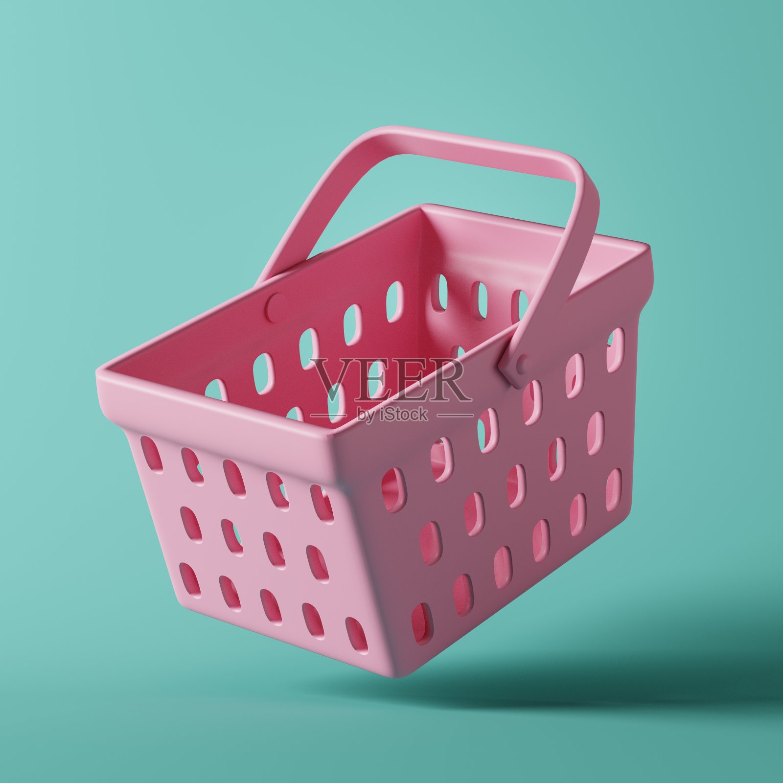 粉色篮子图标，孤立在绿色粉彩背景。评论或用户社交媒体，社交媒体和网站的模板设计。柔和的概念。三维渲染图照片摄影图片