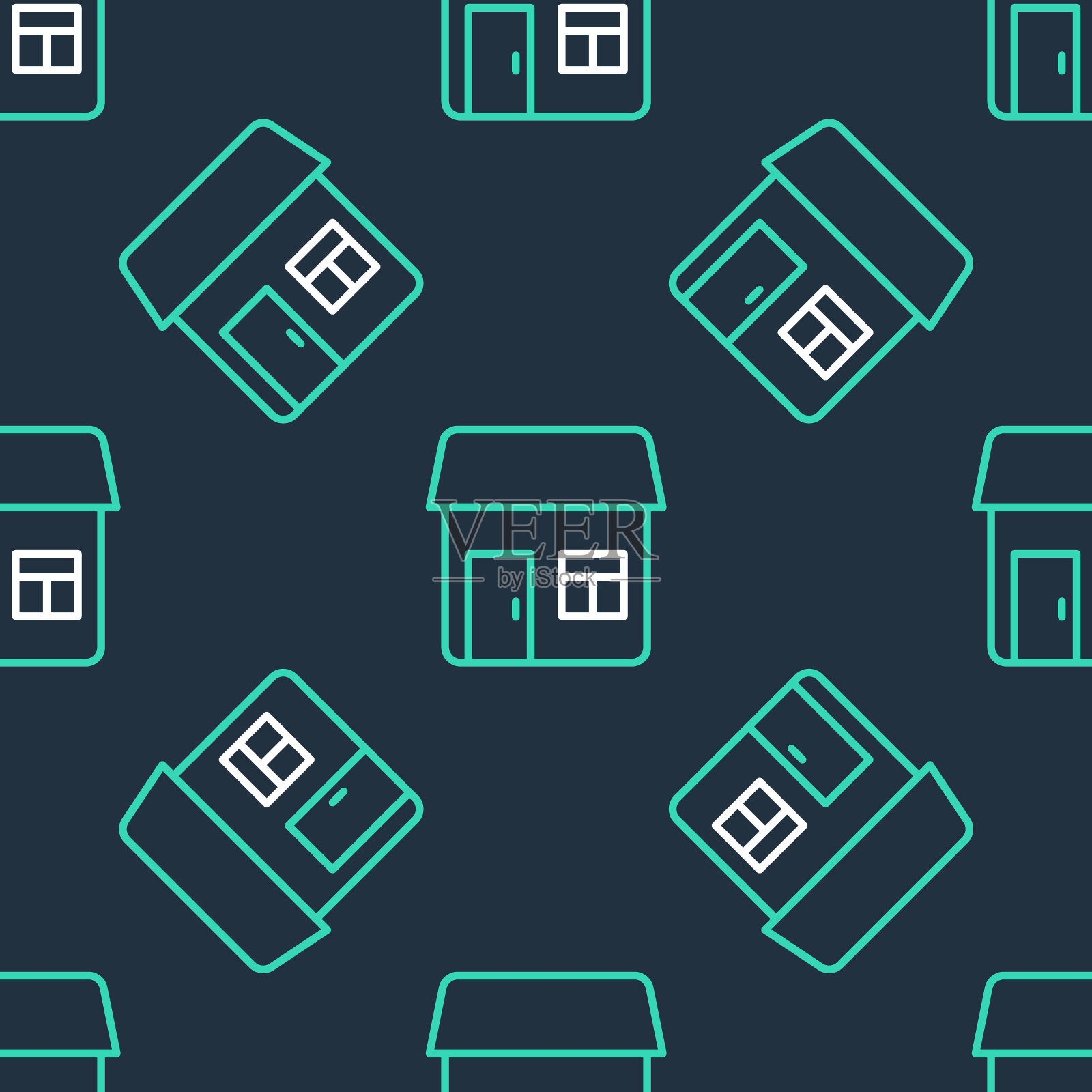 线条房子图标隔离无缝模式的黑色背景。家的象征。向量插画图片素材