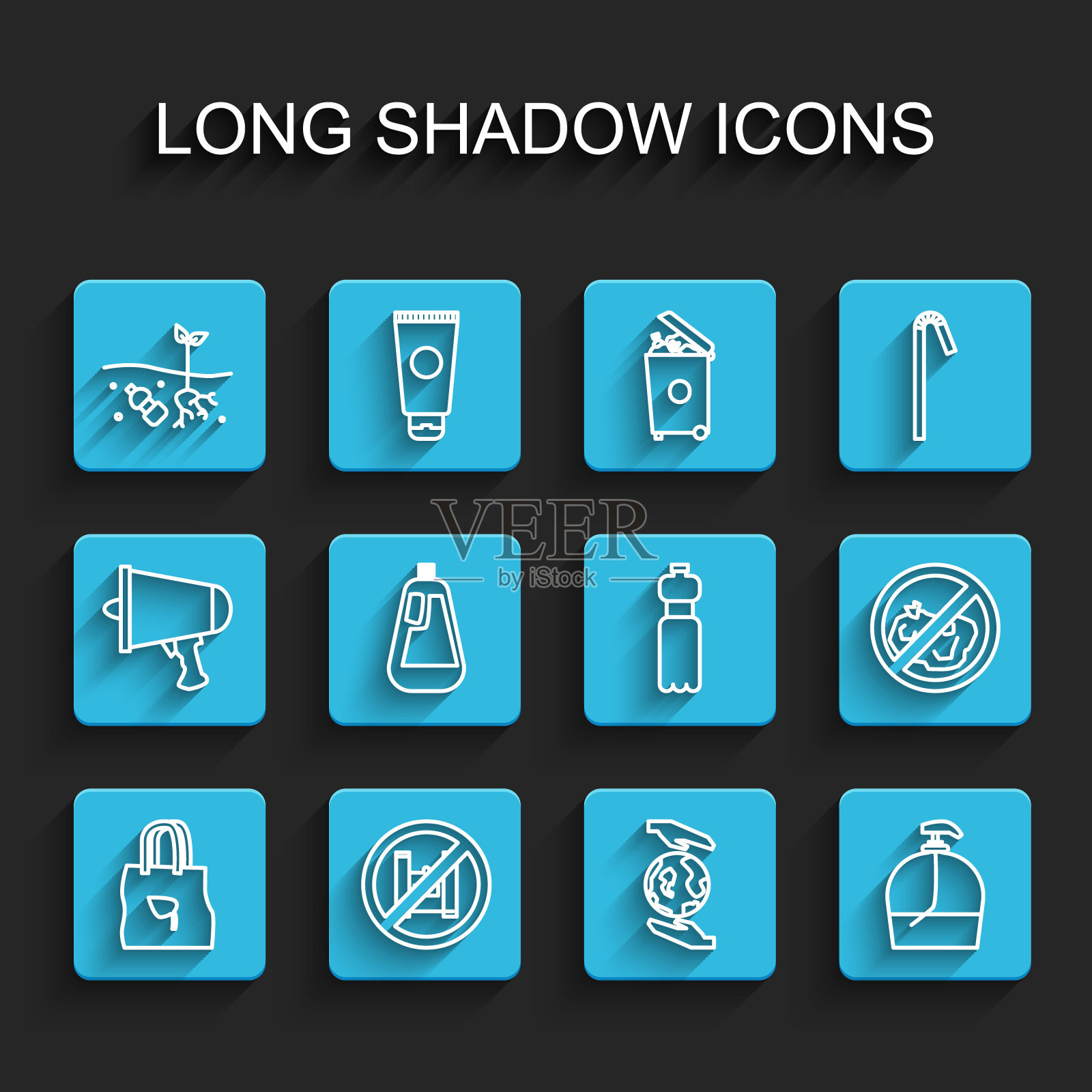 集线上购物袋与回收，说不塑料袋海报，污染问题的星球，手拿地球地球球，瓶液体肥皂，洗碗，无垃圾和水的图标。向量图标素材