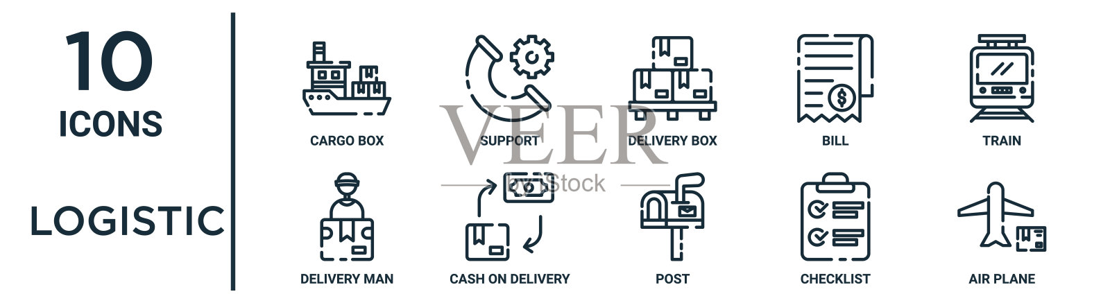 物流轮廓图标集包括细线货箱，送货箱，火车，货到付款，检查表，飞机，送货员图标的报告，演示，图表，网页设计图标素材