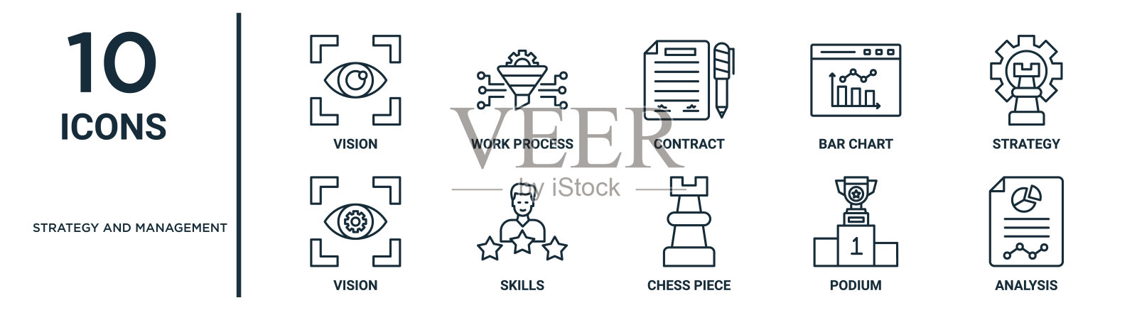 战略和管理大纲图标集包括细线愿景、合同、战略、技能、讲台、分析、报告、演示、图表、网页设计的愿景图标图标素材