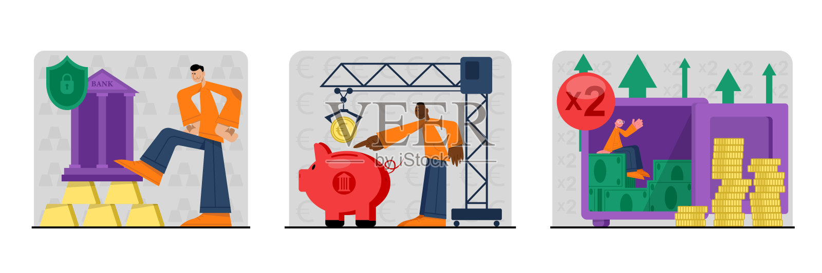 一组年轻人在银行投资赚钱的卡通人物插画图片素材