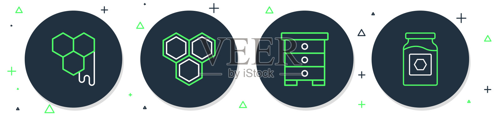 设置线蜂巢，蜂巢蜜蜂，和罐蜂蜜图标。向量插画图片素材