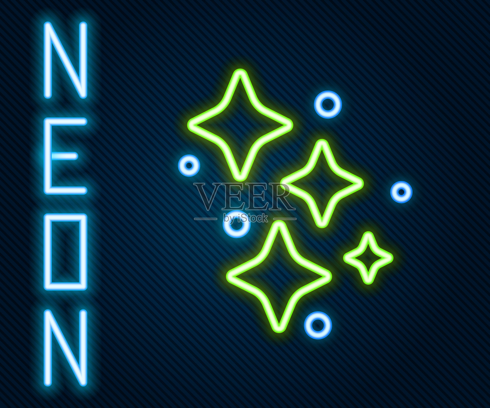 发光的霓虹灯线闪闪发光的星星与神奇的闪光粒子图标隔离在黑色背景上。神奇的圣诞装饰。彩色轮廓概念。向量插画图片素材