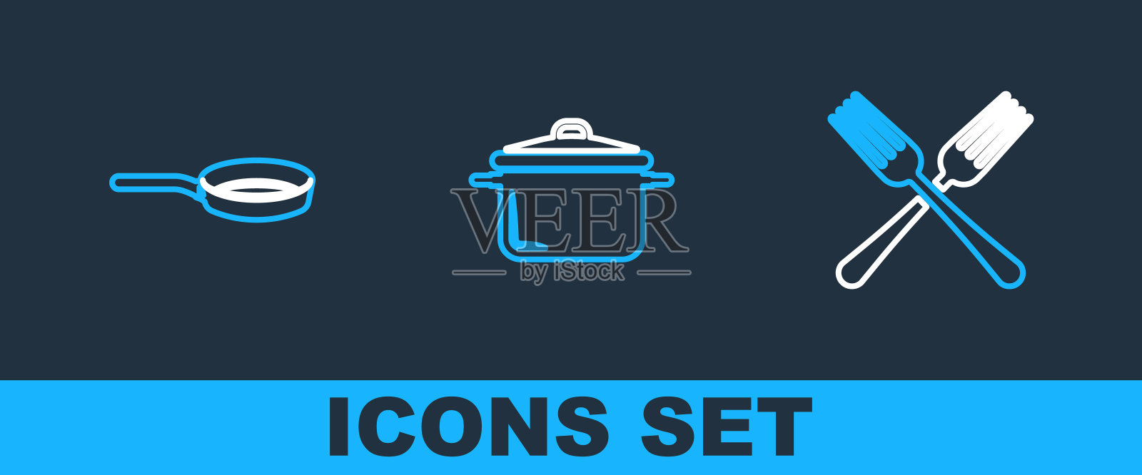 设置线交叉叉，煎锅和烹饪锅图标。向量图标素材