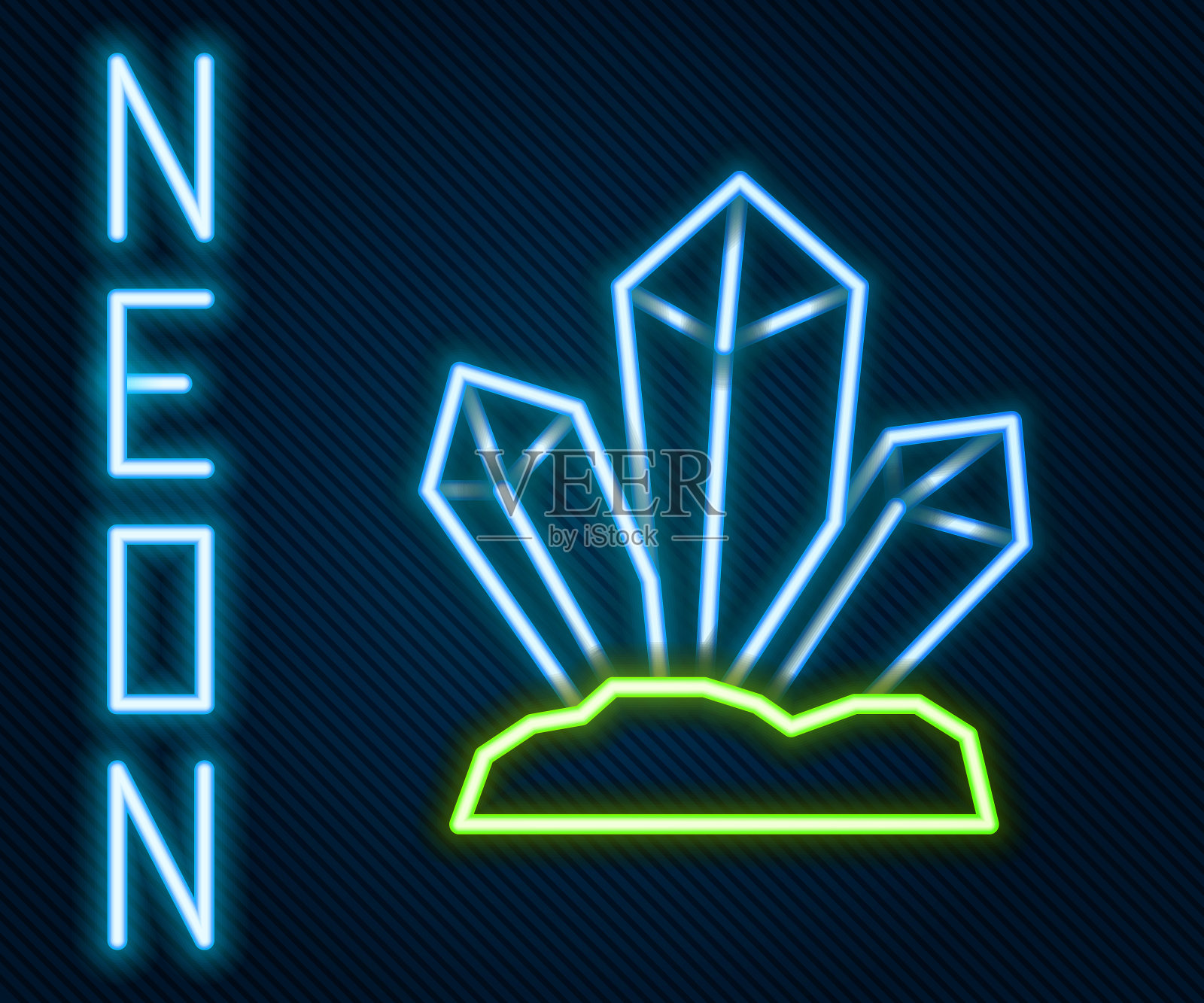 发光的霓虹灯线魔法石图标孤立在黑色背景。幻想水晶。游戏用珠宝宝石。彩色轮廓概念。向量插画图片素材