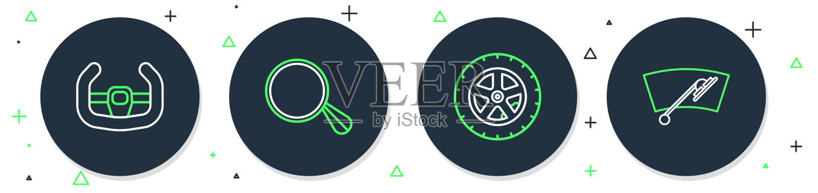 设置线汽车镜子，车轮，运动转向和挡风玻璃雨刷图标。向量插画图片素材