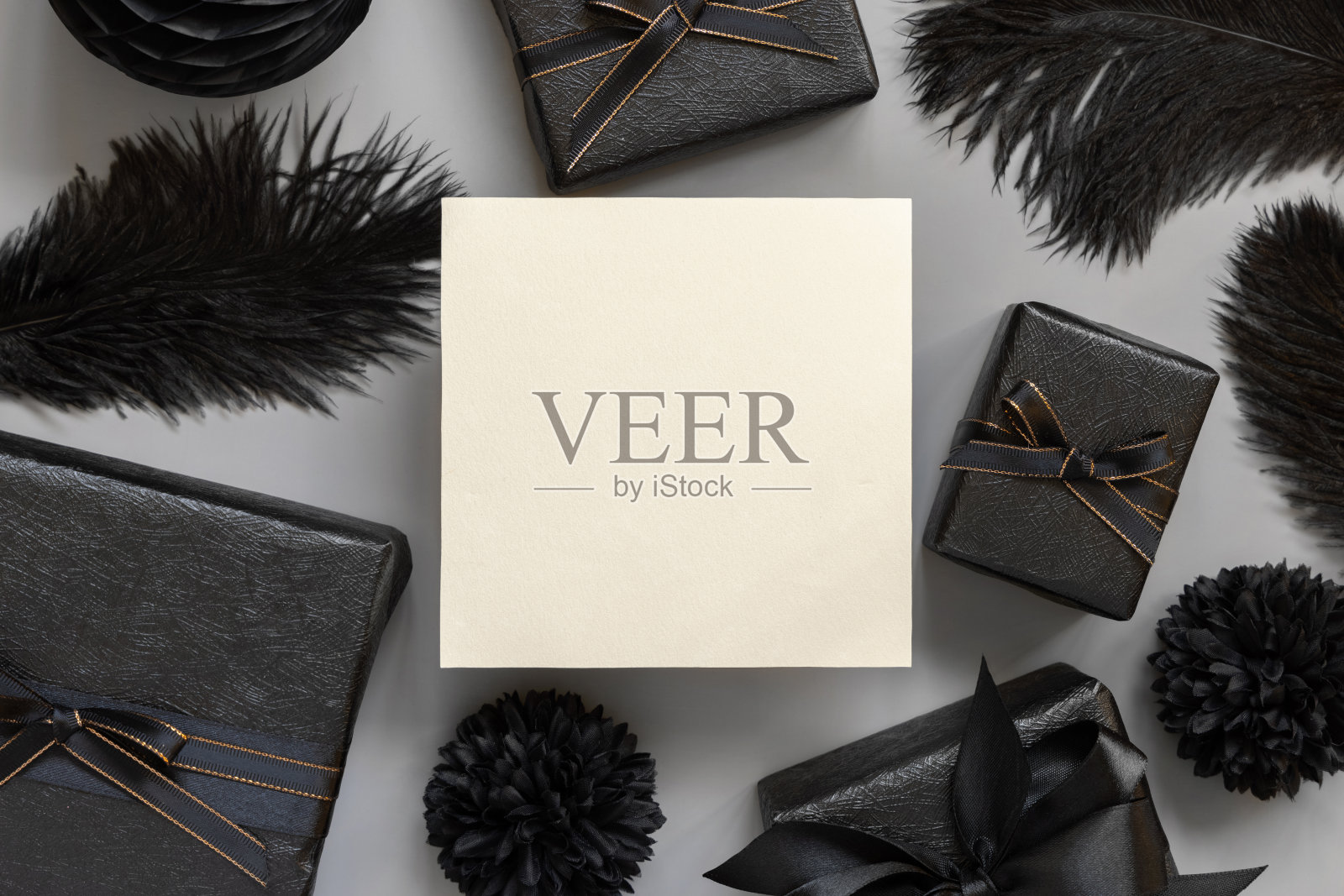方形空白卡之间包装礼盒，黑色纸花和羽毛，模型照片摄影图片
