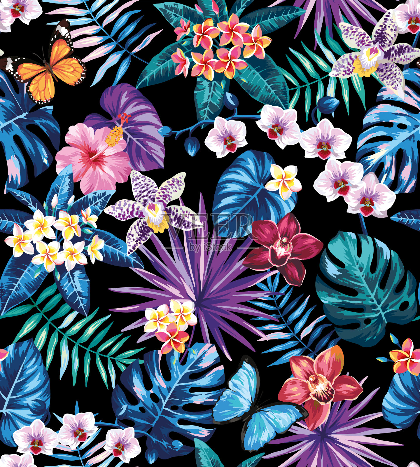 热带无缝图案与棕榈叶和异国情调的花朵。黑色背景上的花卉设计。矢量插图在明亮的紫色和蓝色。插画图片素材