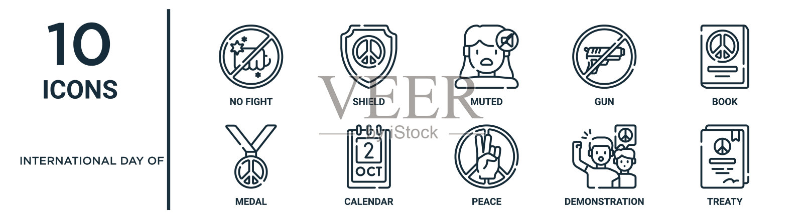 国际日大纲图标集包括细线没有战斗，静音，书，日历，演示，条约，奖章图标报告，演示，图表，网页设计图标素材