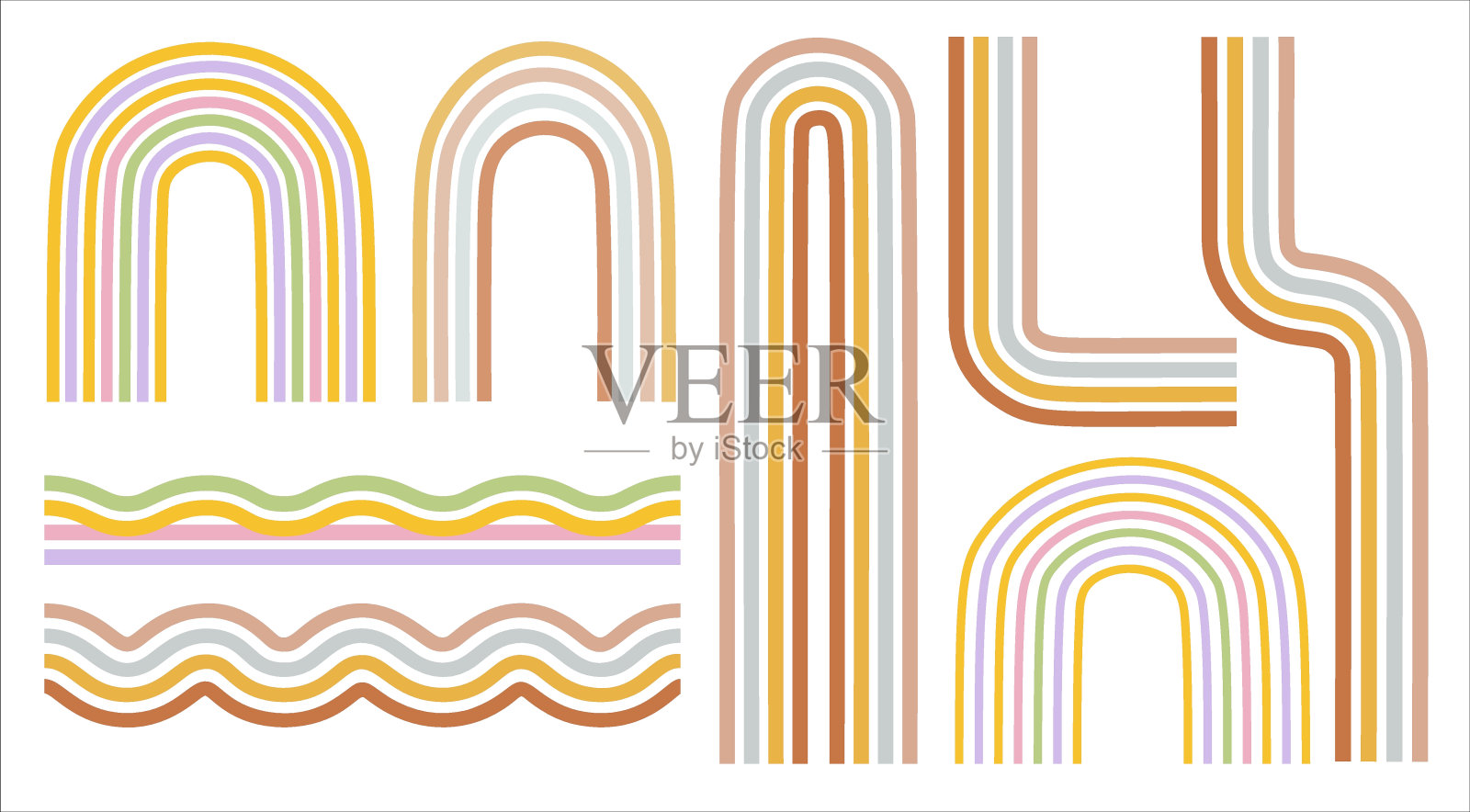 集复古极简主义绝妙彩虹。复古嬉皮士风格的时髦插图。插画图片素材