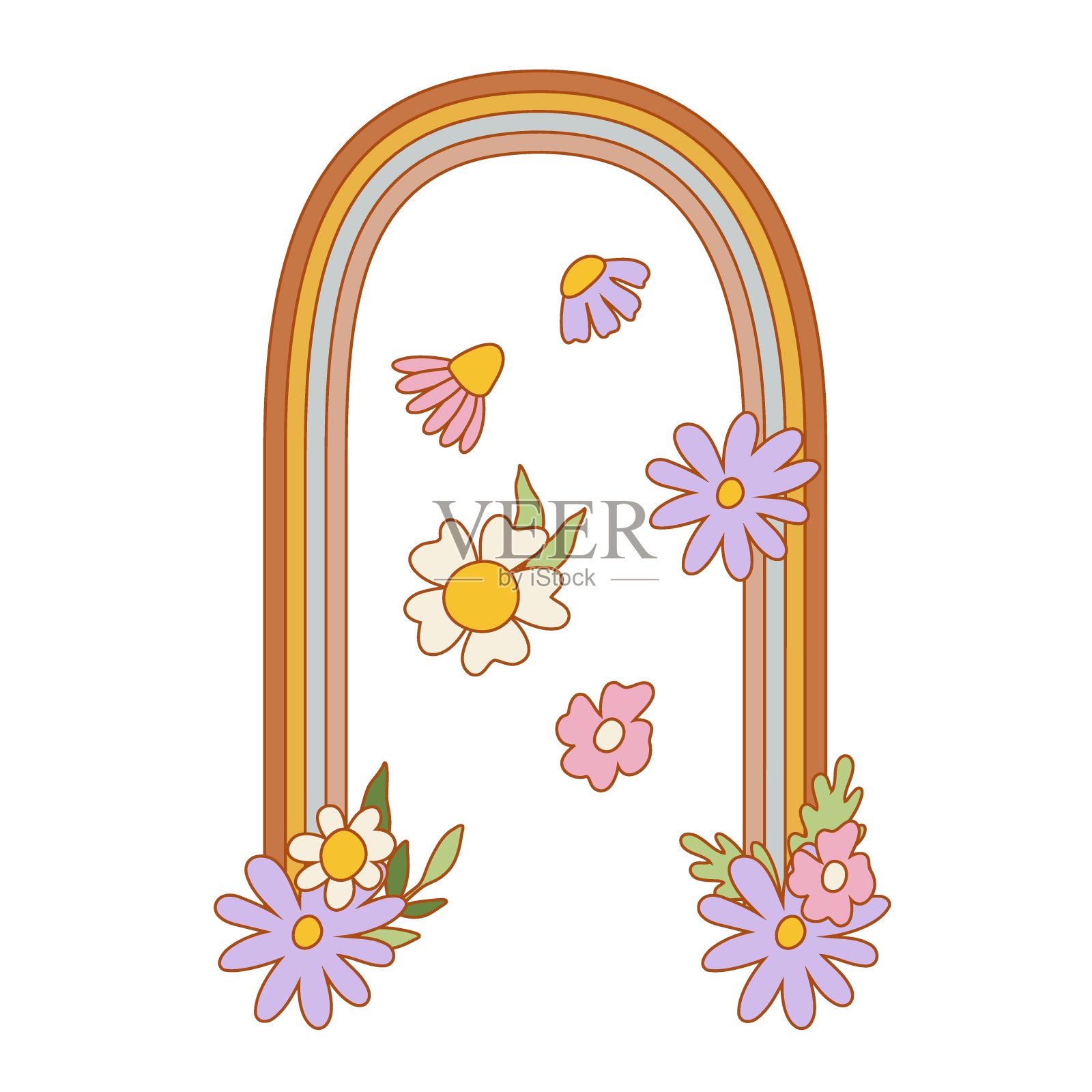 时尚复古千年虫彩虹花。复古嬉皮士风格的时髦插图。插画图片素材