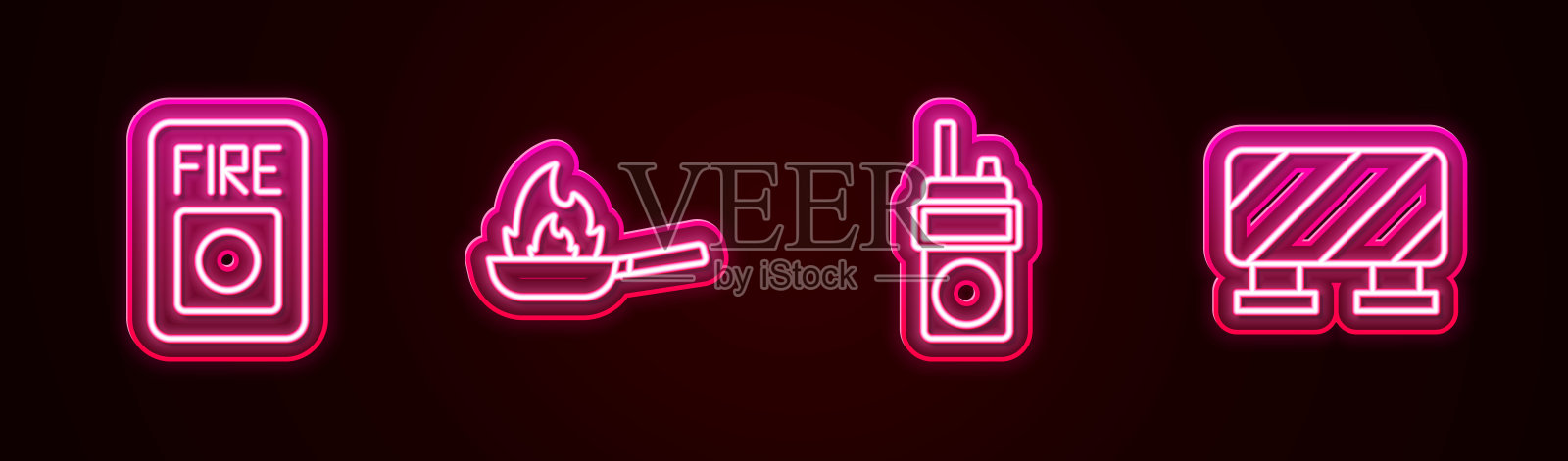 设置线路火灾报警系统，带火盘，对讲机和路障。发光的霓虹灯图标。向量图标素材