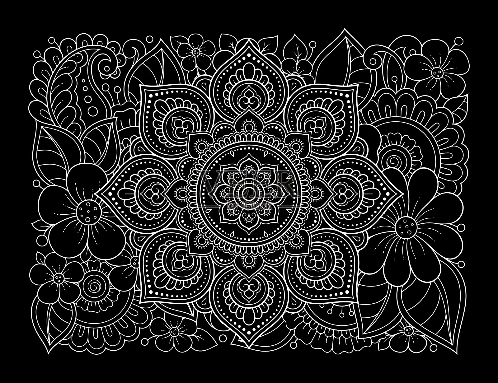 轮廓花图案在曼海迪风格的着色书页。成人和儿童抗压力。黑色和白色的涂鸦装饰。手绘矢量插图。插画图片素材