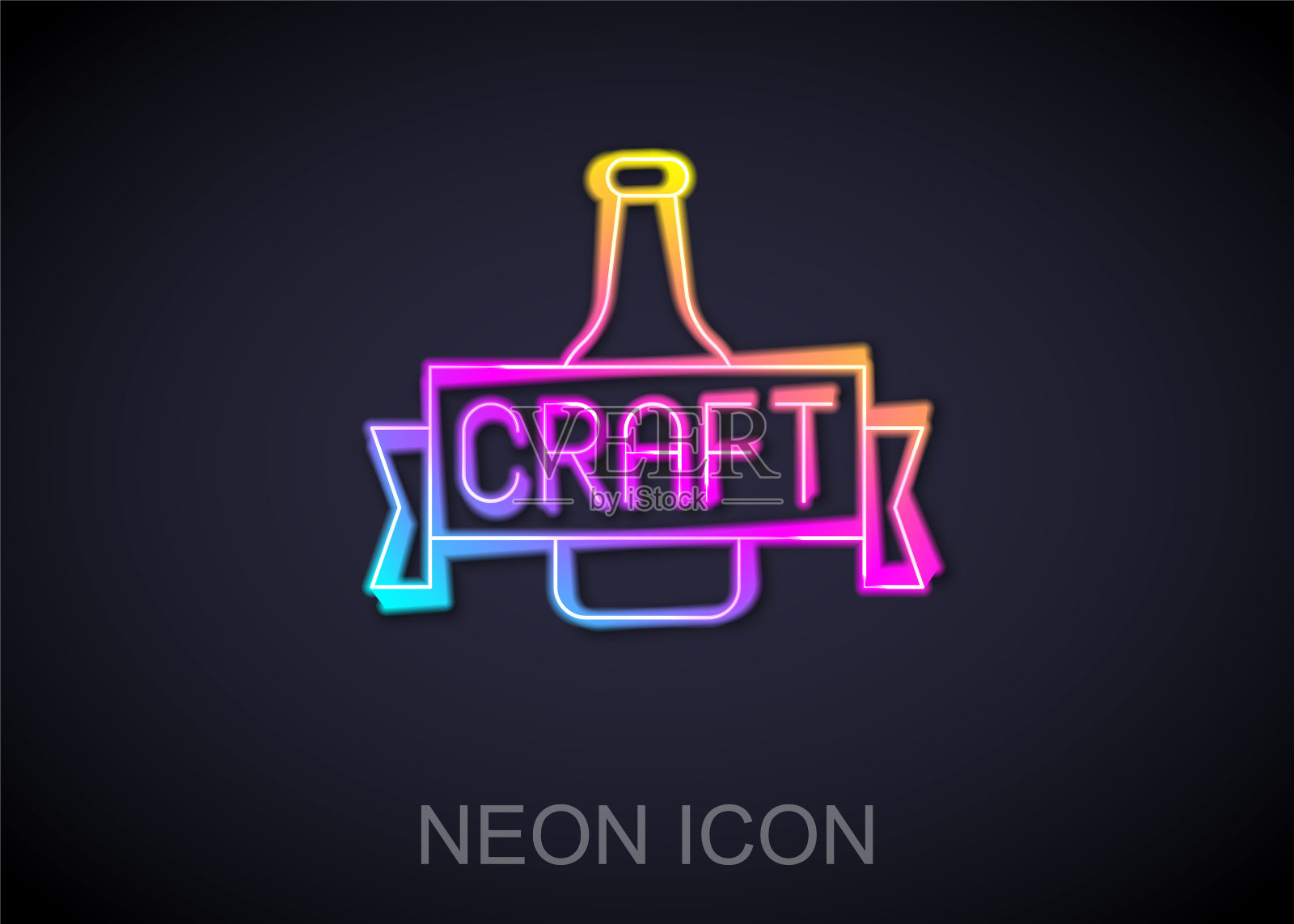 发光的霓虹灯线啤酒瓶图标孤立在黑色背景。向量插画图片素材