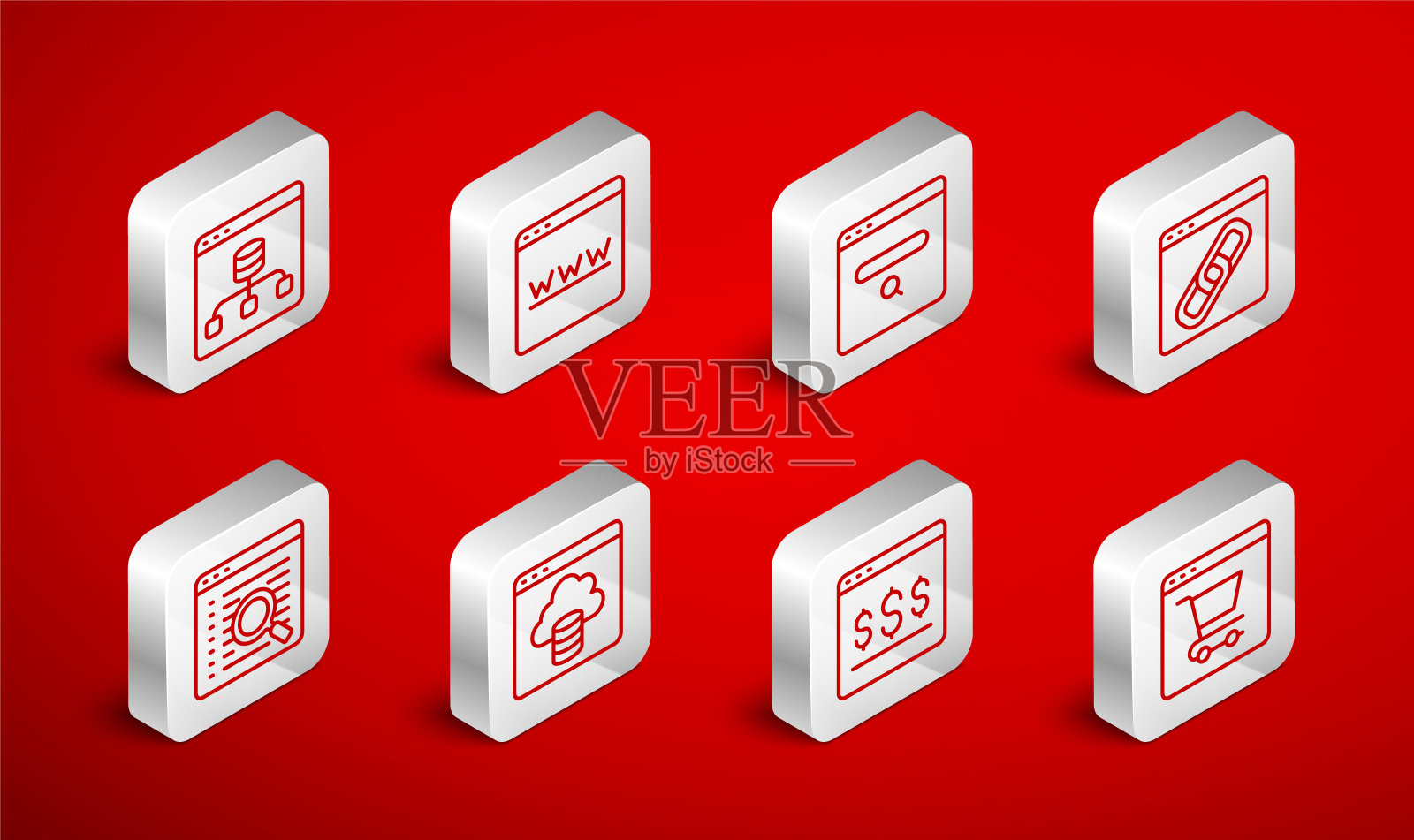 在屏幕上设置线上购物，浏览器窗口，搜索引擎，服务器，数据，云技术数据传输和图标。向量插画图片素材