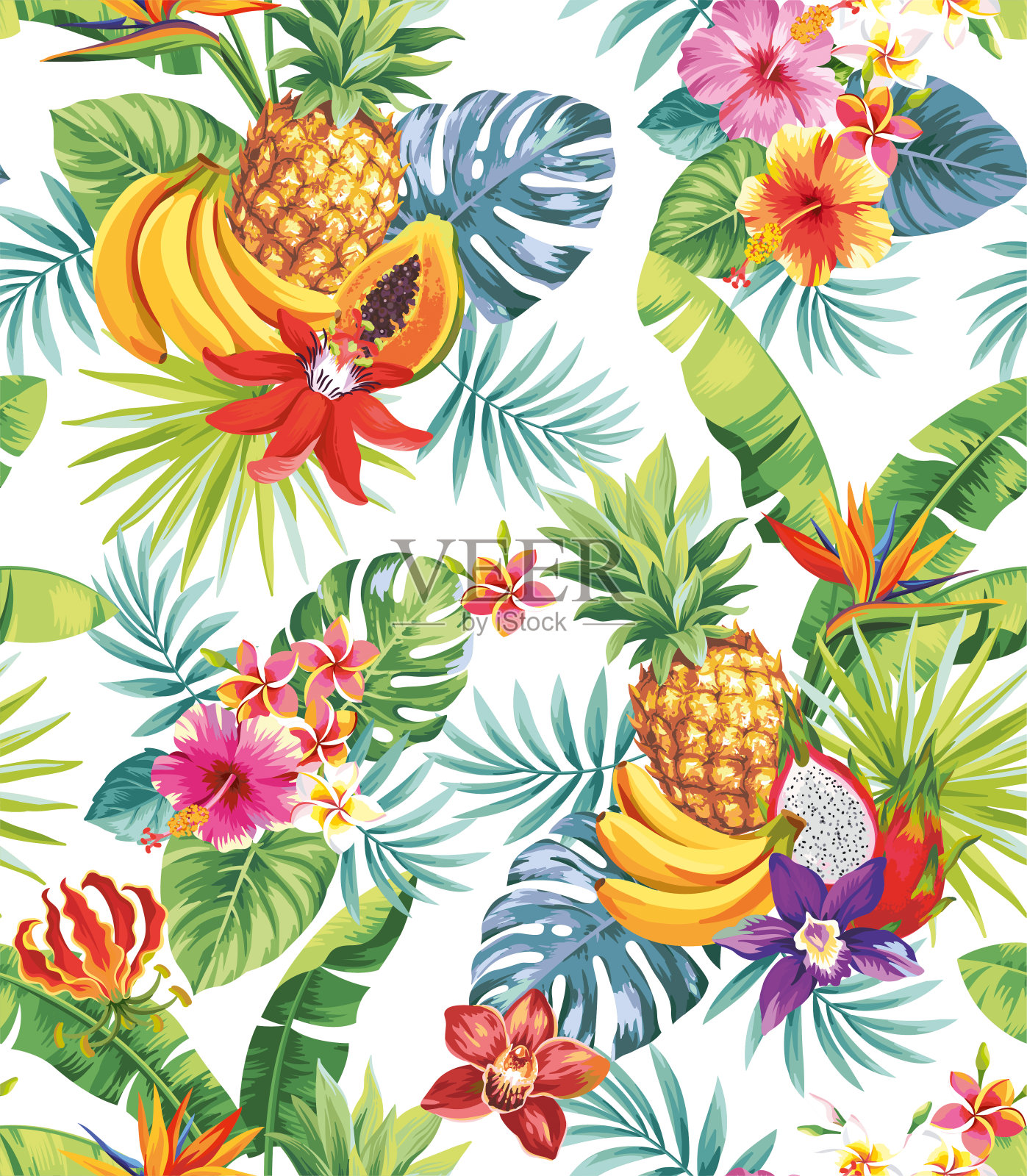 热带无缝图案与花卉，异国情调的水果和棕榈叶在白色的背景。矢量插图。插画图片素材
