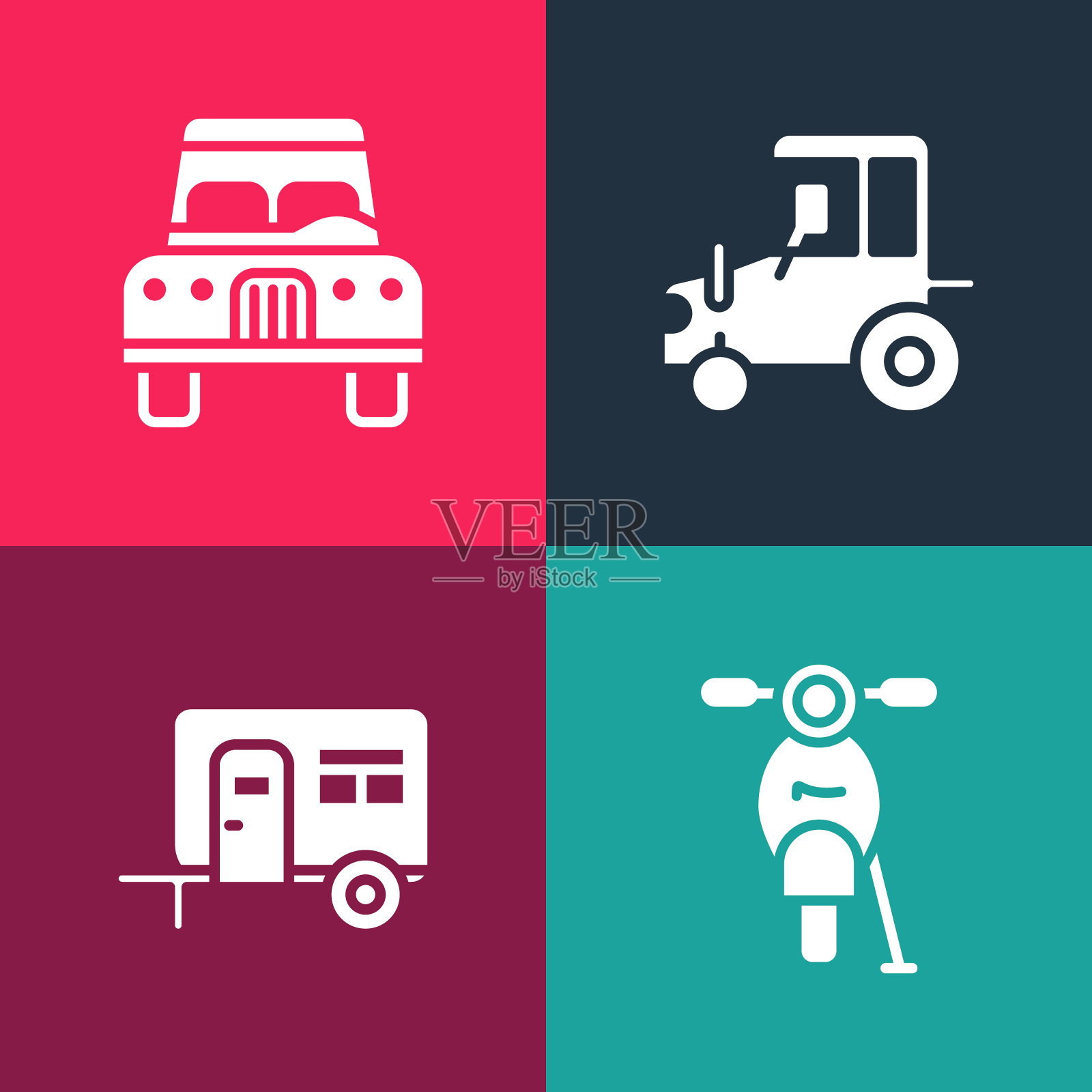 集流行艺术滑板车，房车露营拖车，拖拉机和汽车图标。向量图标素材