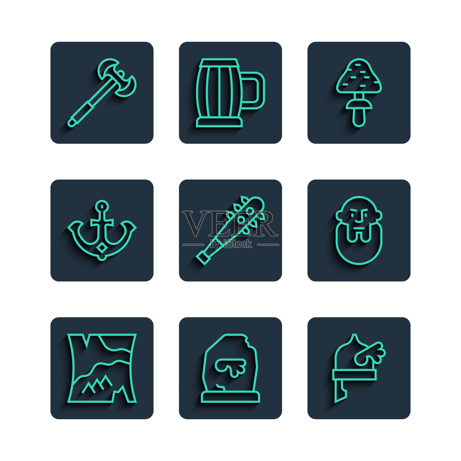 集合线折叠地图，魔法符文，维京人在角盔，蘑菇，钉钉狼牙棒，锚，中世纪长斧和头部图标。向量图标素材