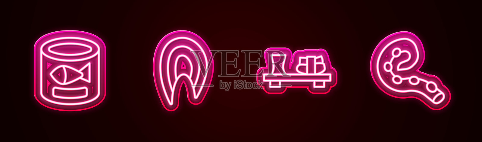 摆线鱼罐头，鱼排，寿司，有触须的章鱼。发光的霓虹灯图标。向量插画图片素材