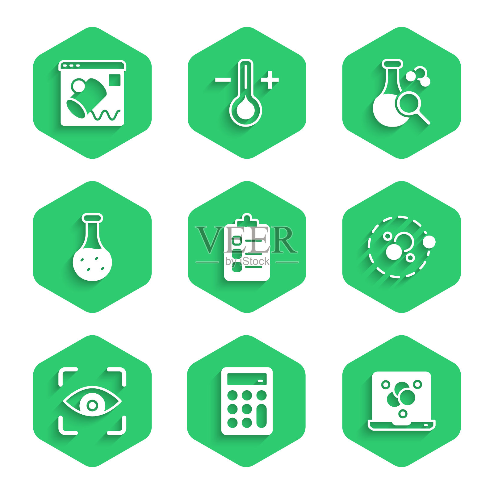 设置做列表或计划，计算器，化学公式，原子，眼睛扫描，试管，和数据可视化图标。向量图标素材