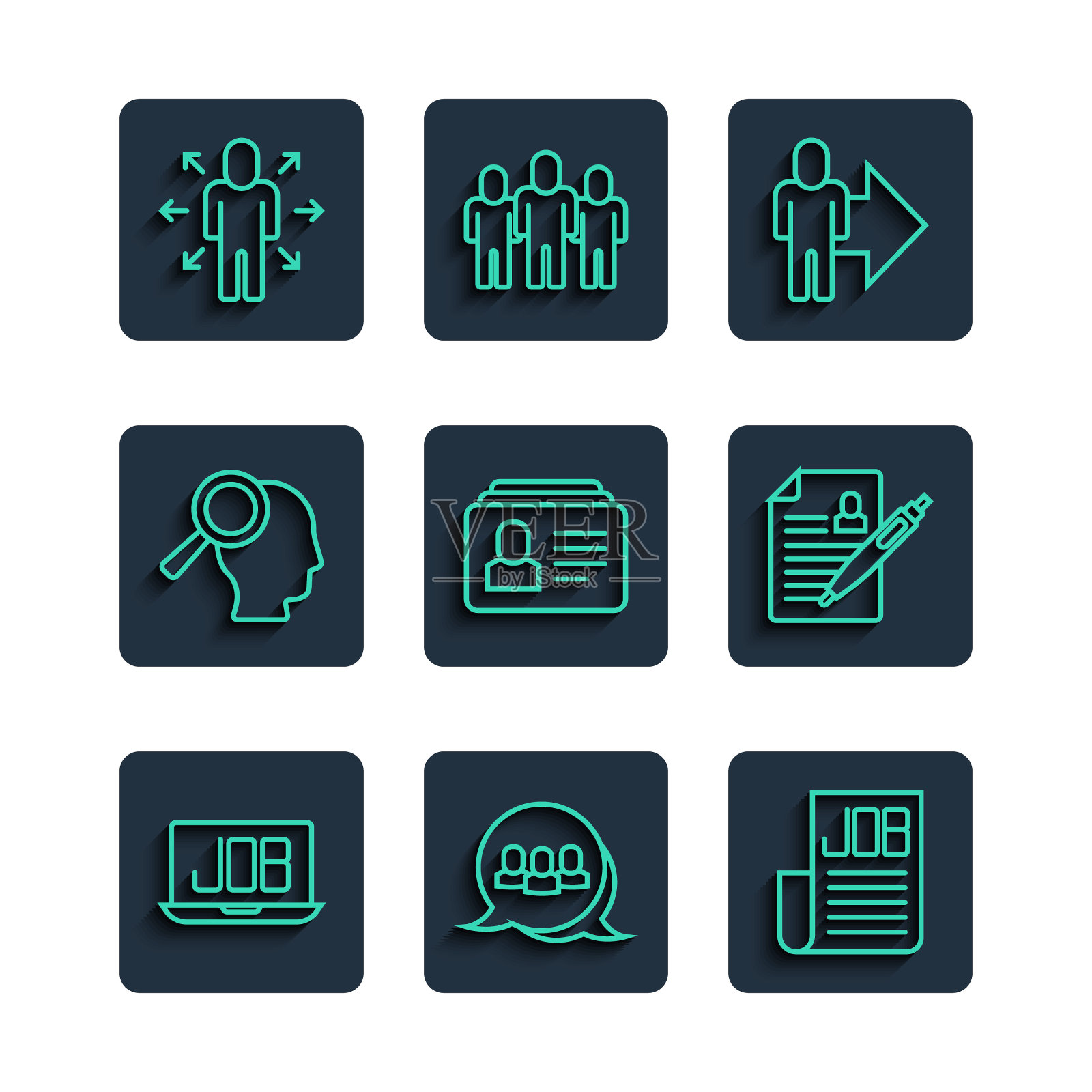 设置线搜索工作，项目团队基地，高管的领导，简历，放大镜搜索，多任务管理工作和图标。向量图标素材