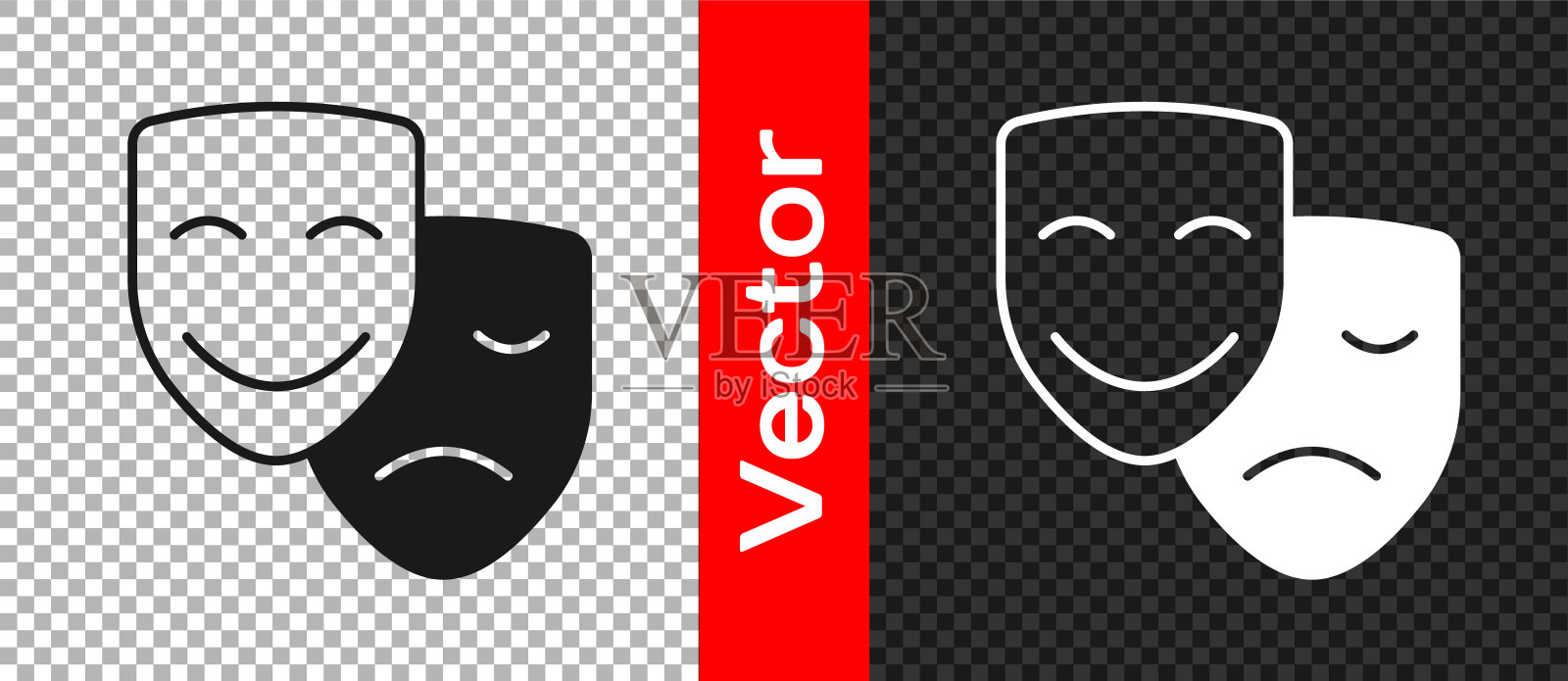 透明背景上的黑色喜剧和悲剧戏剧面具图标矢量图插画图片素材