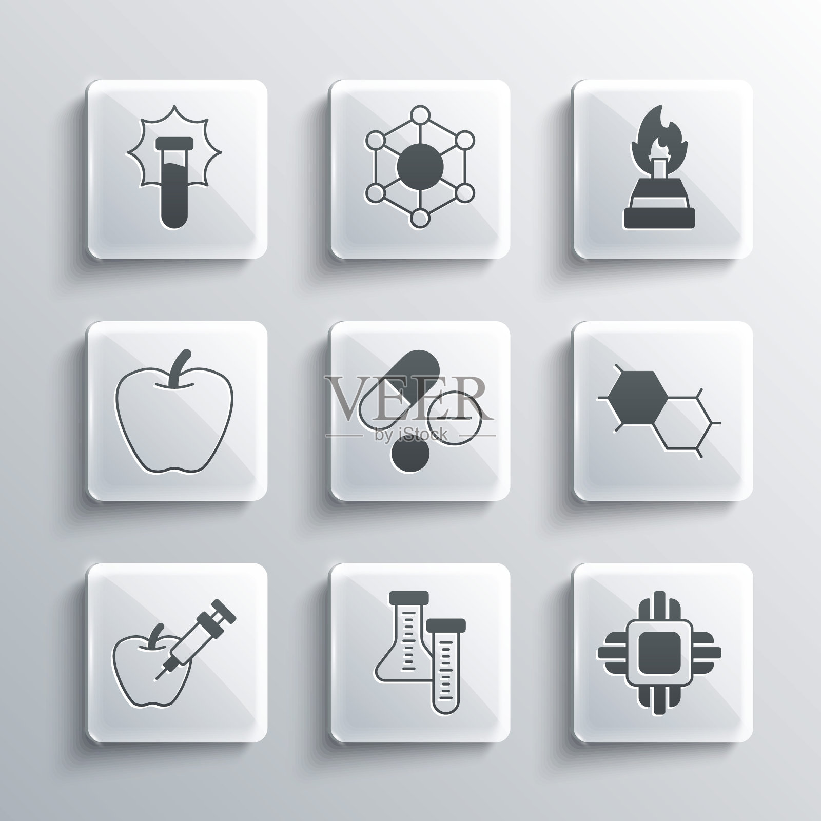 设置试管，处理器CPU，化学配方，药片，转基因苹果，苹果，爆炸烧瓶和酒精燃烧器图标。向量图标素材