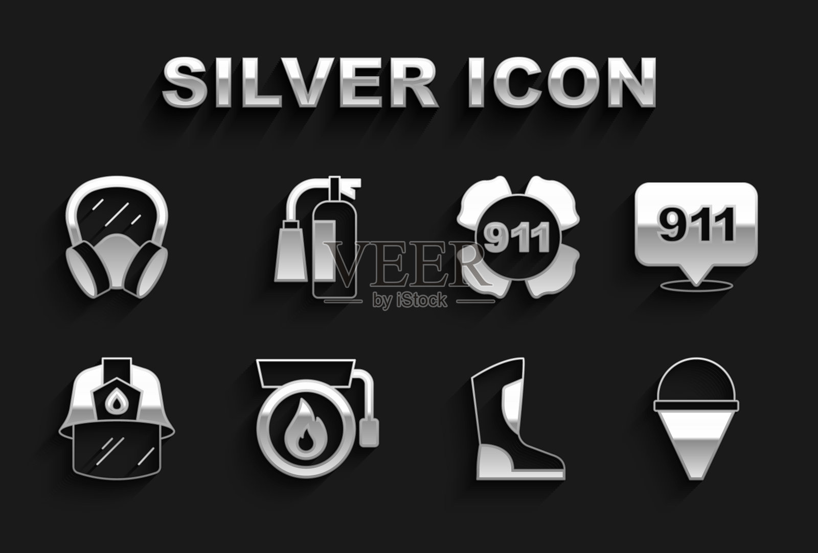 设置响铃，紧急呼叫911，消防锥桶，靴子，消防头盔，防毒面具和灭火器图标。向量图标素材