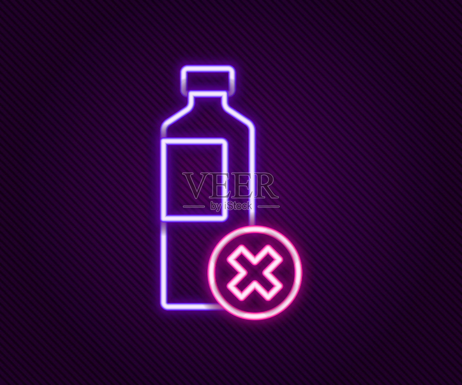 发光的霓虹灯线没有水瓶图标孤立的黑色背景。没有塑料瓶。水瓶禁止标志。彩色轮廓概念。向量插画图片素材