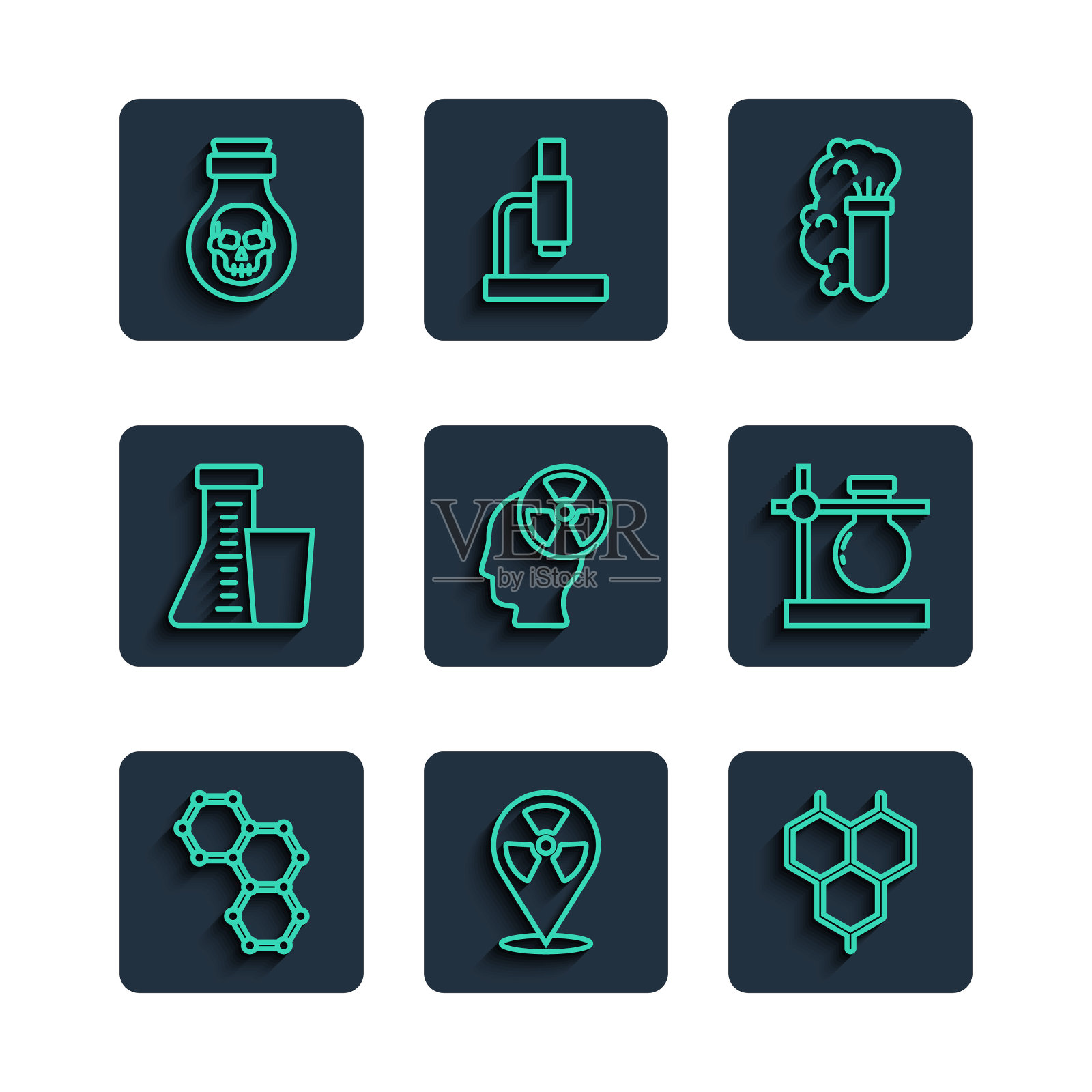 设置线化学公式，放射性位置，爆炸，头部和辐射符号，试管瓶，毒药瓶和支架图标。向量图标素材