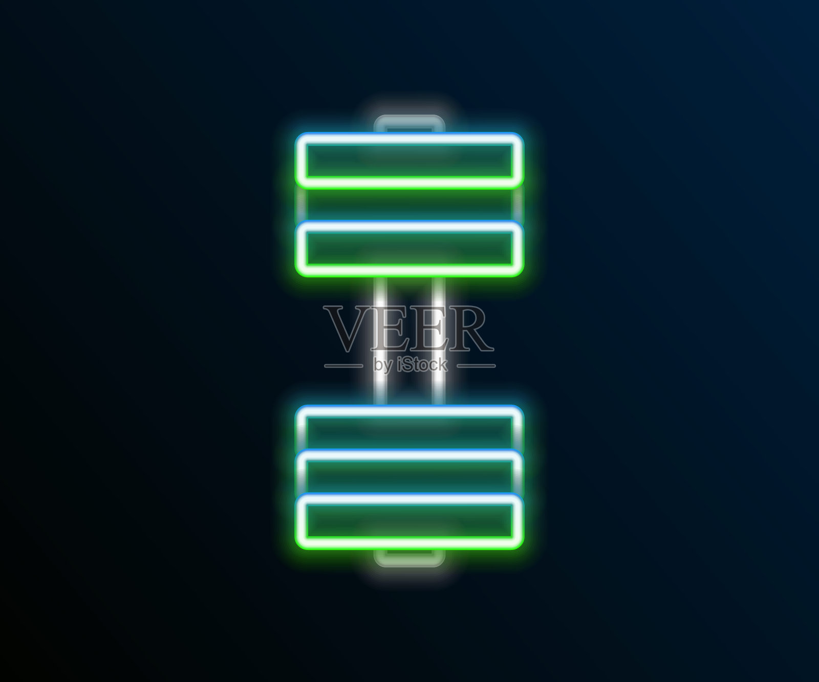 发光的霓虹灯线哑铃图标隔离在黑色背景。肌肉提升图标，健身杠铃，健身房，运动器材，运动哑铃。彩色轮廓概念。向量插画图片素材