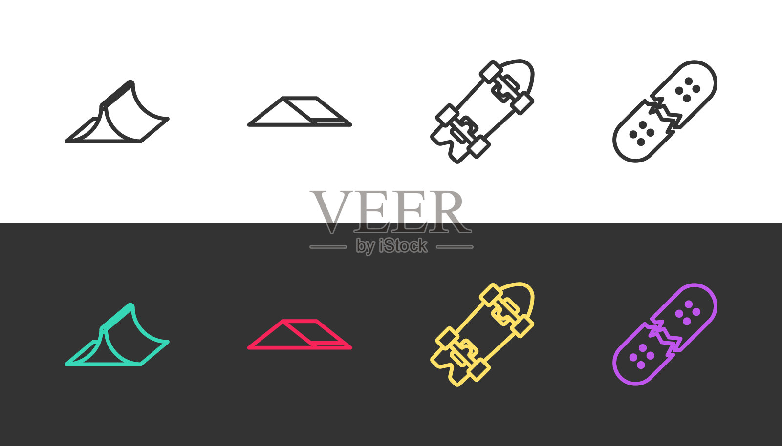 设置直线滑板公园，长板或滑板和破碎甲板在黑色和白色。向量插画图片素材