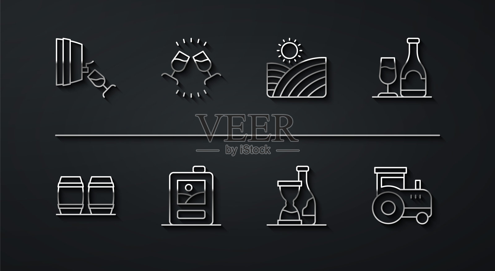 集品酒线，品酒，木桶为葡萄酒，瓶与玻璃，瓶，纸箱，拖拉机和葡萄园葡萄图标。向量图标素材