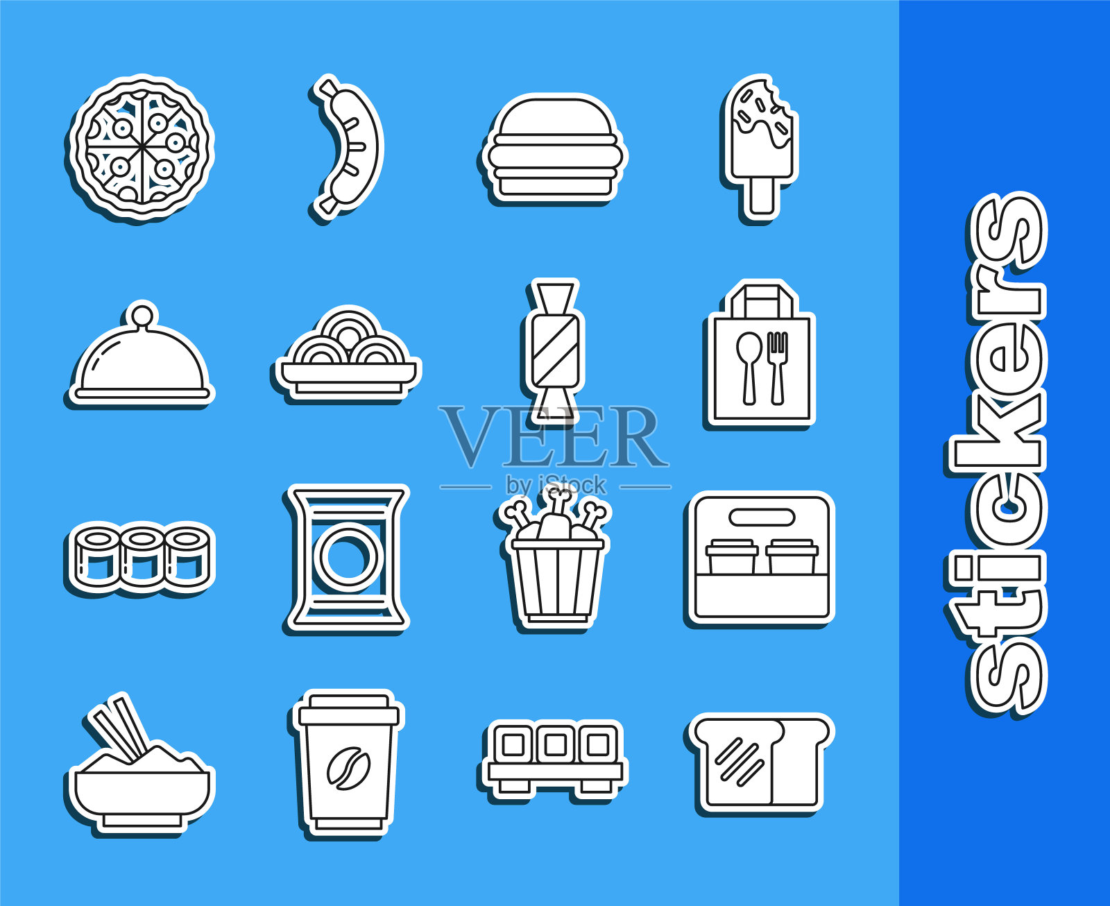 面包吐司，咖啡杯，网上订购和配送，汉堡，亚洲面条碗，覆盖托盘，披萨和糖果图标。向量图标素材