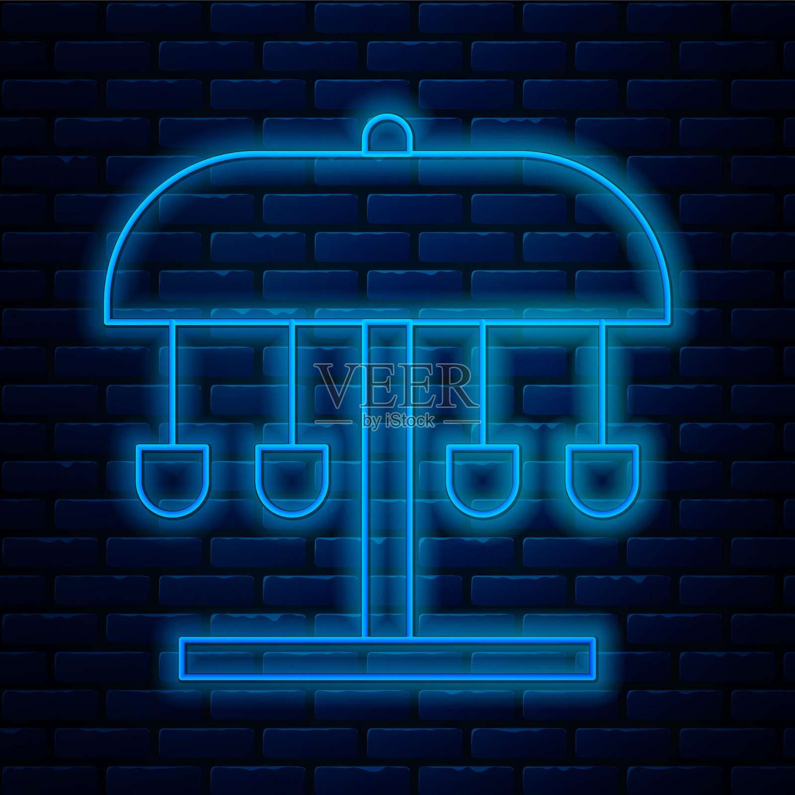 发光的霓虹灯线吸引旋转木马图标隔离在砖墙背景。游乐园。儿童娱乐游乐场、休闲公园。向量插画图片素材