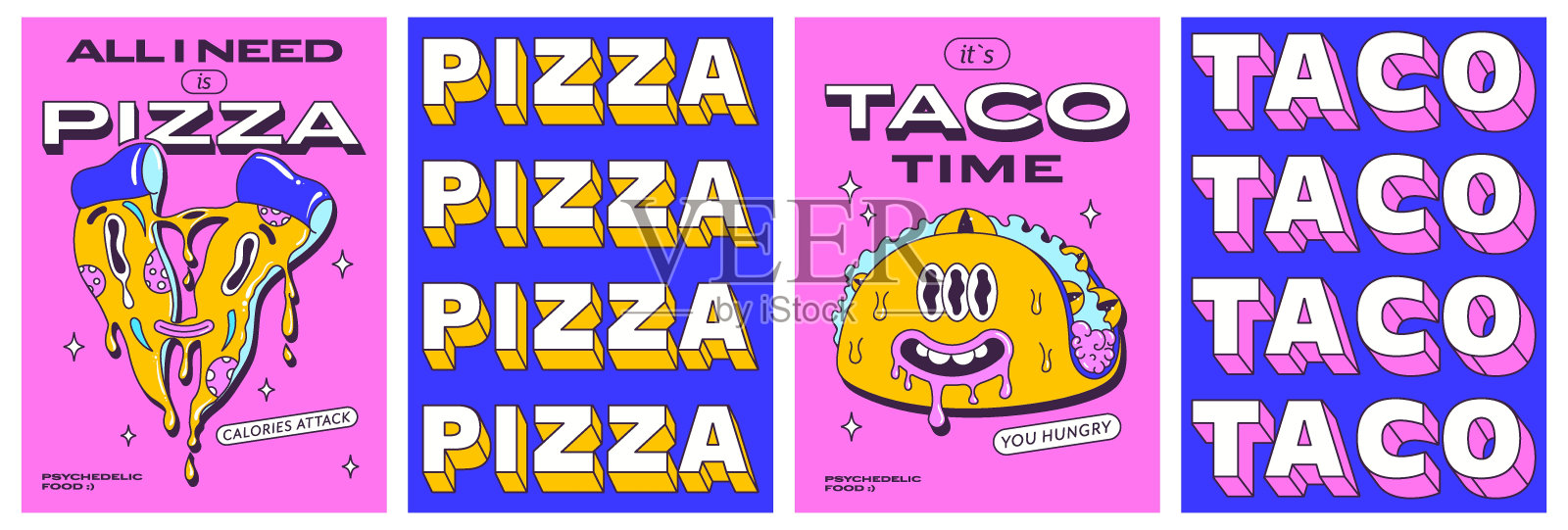 印有搞笑快餐人物的新潮迷幻海报。神奇的披萨片和疯狂的现代玉米卷。正面和背面海报设计。矢量插图。插画图片素材