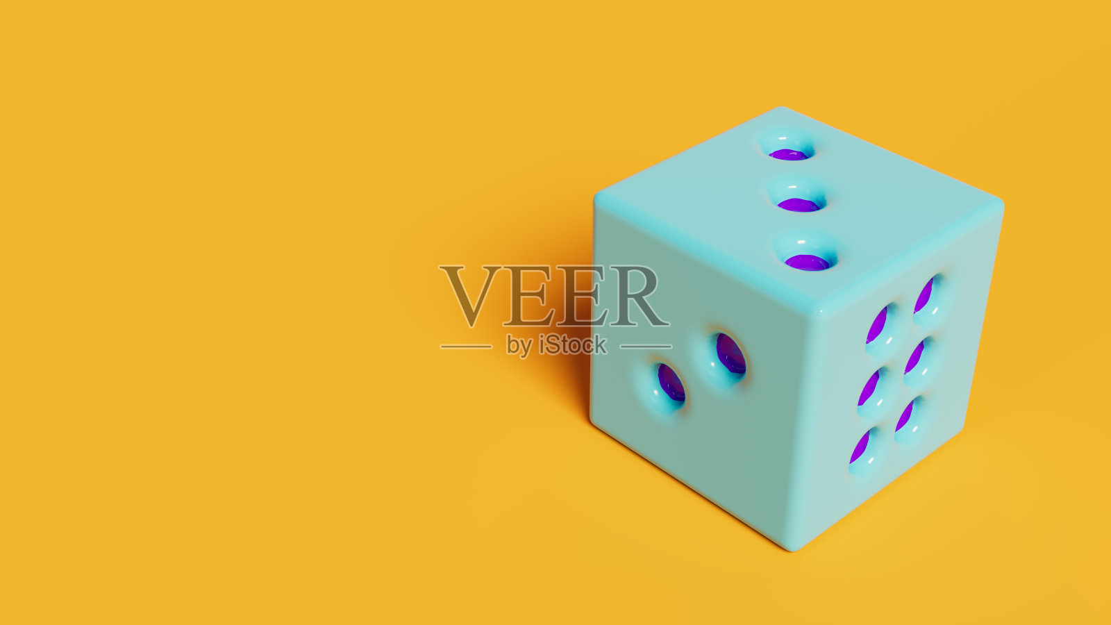蓝色骰子与紫色数字在黄色表，3d渲染，数字主题照片摄影图片