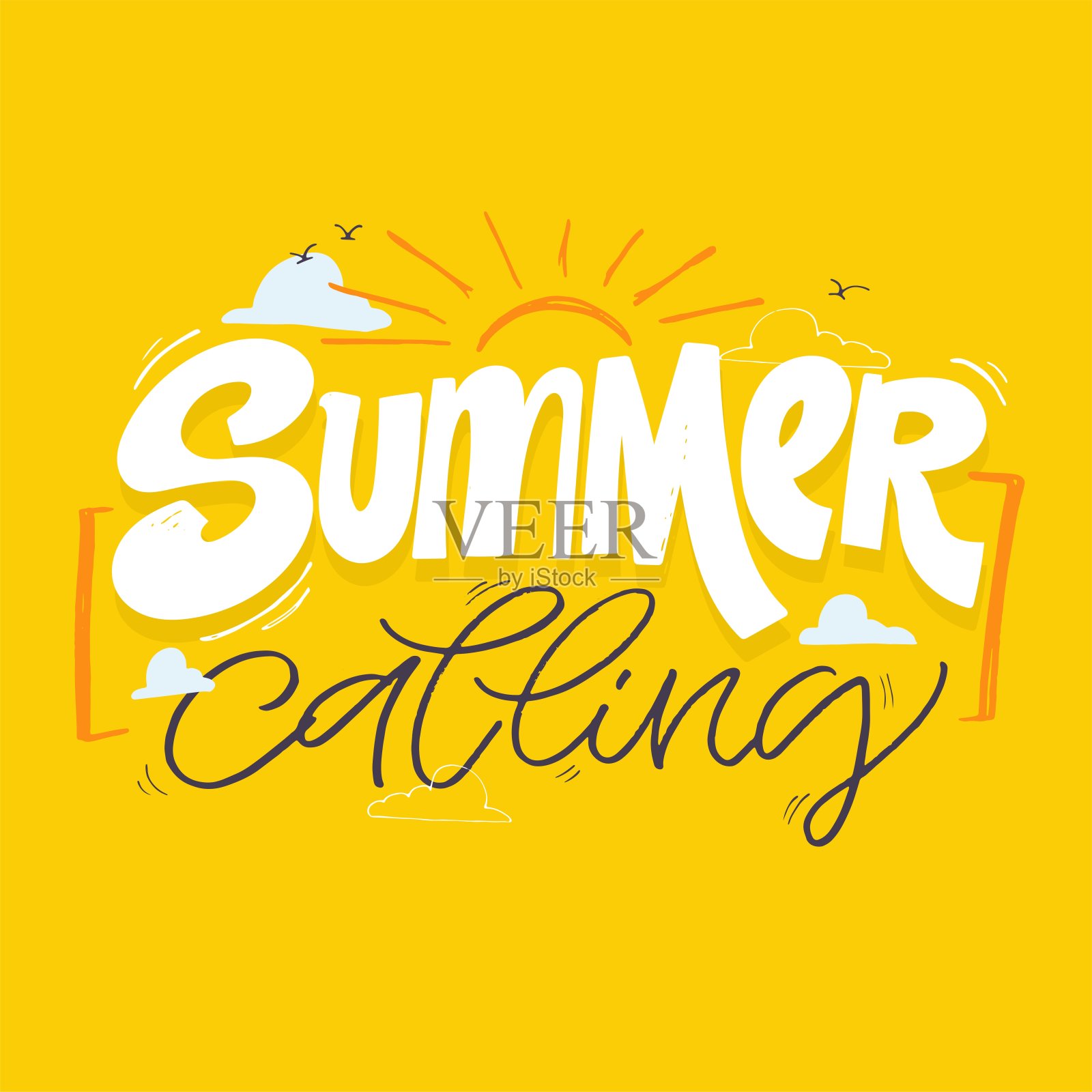 你好，夏天-可爱的字母标签的t恤设计，杯子打印。写关于夏日氛围的明信片。插画图片素材