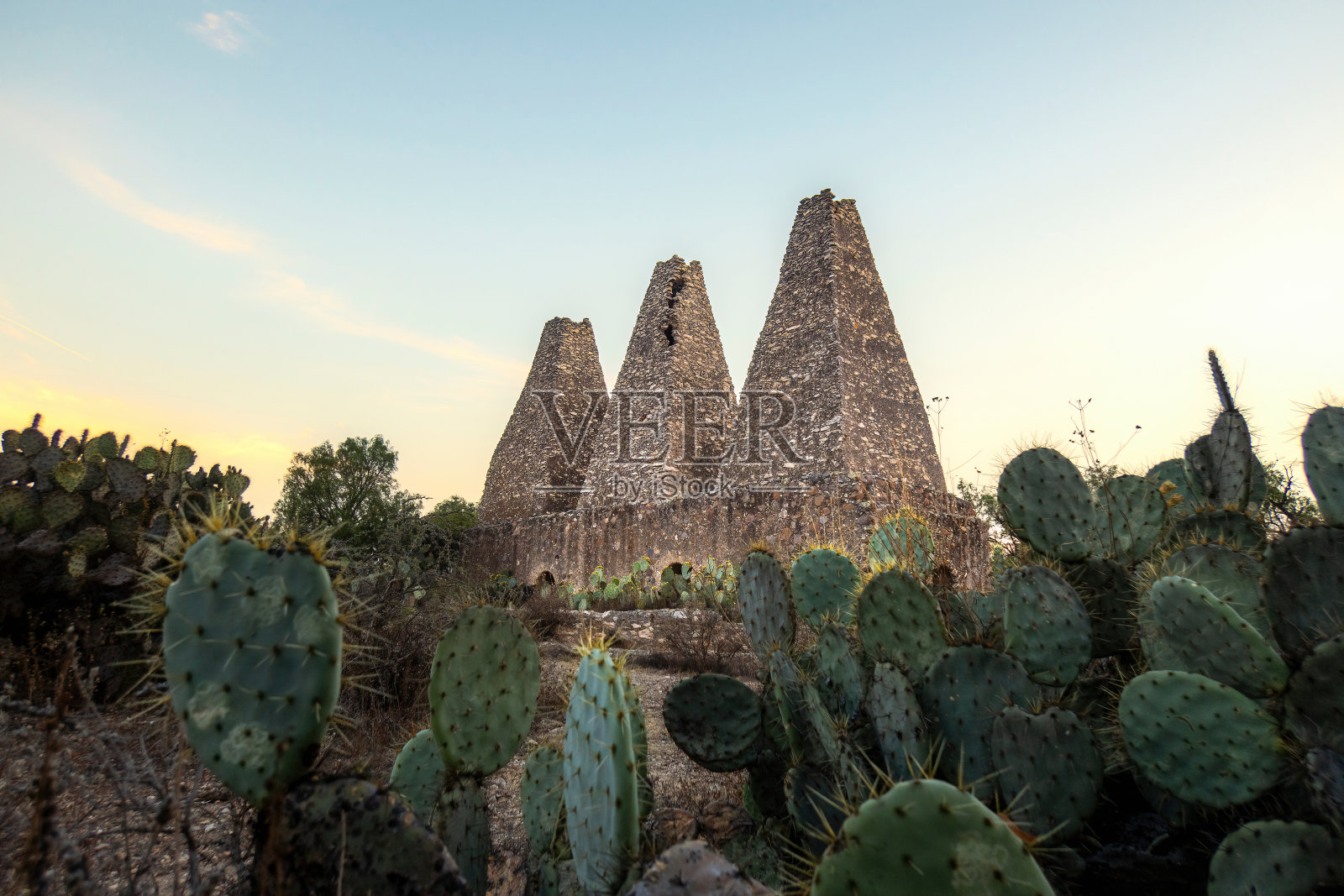 矿庄园圣布里吉达炉和烟囱在矿物德波索斯，瓜纳华托，墨西哥照片摄影图片